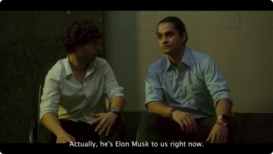 Saran on the right in a blue shirt, in conversation in Birdwatcher
